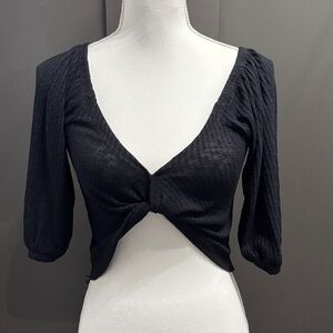 NWT Poof! Black Ribbed Twist-Front Blouse
